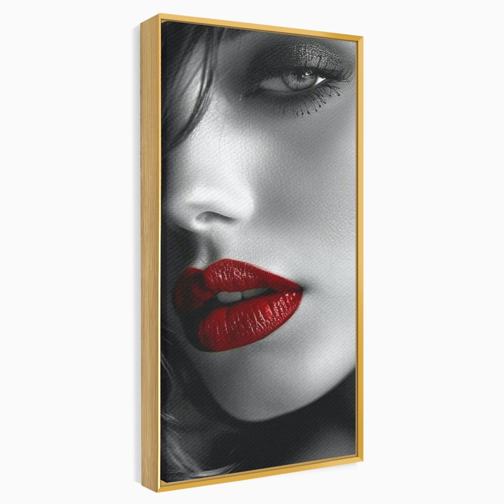 Tablou canvas cu portret feminin alb-negru cu buze rosii, in rama de aluminiu auriu